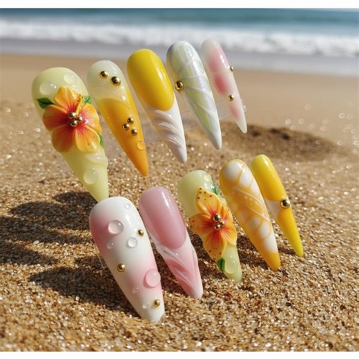 Tropical Hibiscus Press on Nails | Yellow Summer Flower Nails | 3D Hibiscus Beach Vacation Nails | Handmade Almond Stiletto Nail Set - Etsy