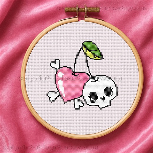 Sweet Cherry Skull Cross Stitch Pattern, Summerween Gothic Cherry Embroidery, Pink Spooky Fruit Coaster Ornament DIY, Cute Goth Decor PDF - Etsy