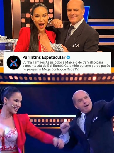 A cunhã-poranga Tamires Assis levou um pouco da cultura amazônica para a televisão nacional ao participar do programa Mega Sonho. Durante a atração da RedeTV!, ela colocou o apresentador Marcelo de Carvalho para dançar ao som de uma toada do Boi-Bumbá Garantido. Animada, Tamires ensinou alguns passos da dança típica do boi-bumbá, enquanto Marcelo entrou na brincadeira e tentou acompanhar a coreografia. A interação descontraída arrancou aplausos da plateia. . . . . Reprodução: Mega Sonho (Instagr