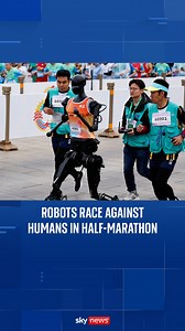 102K views · 402 reactions | Robots race against humans in Beijing half-marathon. The winning robot crossed the finishing line in two hours and 40 minutes, while the men's winner of the race had a time of one hour and two minutes. | Sky News | Facebook