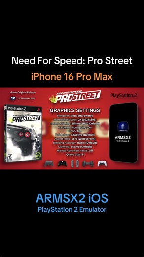 Need For Speed: Pro Street, running at 60fps on the iOS PlayStation 2 emulator, ARMSX2 v2.1 rl4. Need For Speed: Pro Street used under 2GB RAM in my 25 minute play-test. The testing device was an iPhone 16 Pro Max on iOS 26.2.1, all download links are at the bottom of this description. *HARDWARE & SOFTWARE INFORMATION* Device: iPhone 16 Pro Max iOS: 26.2.1 ARMSX2: 2.1 release 4 Game Version: 1.0 MEM Used: 2GB FPS: 60 *EMULATOR SETTINGS* CPU Recompiler JIT: All On Fastmem: On GameDB Automatic Fix