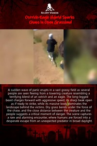 🦅 Ostrich-Eagle Hybrid Sparks Chaos in Open Grassland A sudden wave of panic erupts in a vast grassy field as several people are seen fleeing from a towering creature resembling a terrifying blend of an ostrich and an eagle. The long-legged beast charges forward with aggressive speed, its sharp beak open as if ready to strike, while its massive body dominates the landscape behind the victims. Dry grass bends under the force of the chase, and the close distance between the creature and the peopl