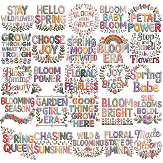 Embroidered Floral PNG Bundle, Pastel Bloom Quotes, Spring Girl Era Clipart (digital Download) - Etsy