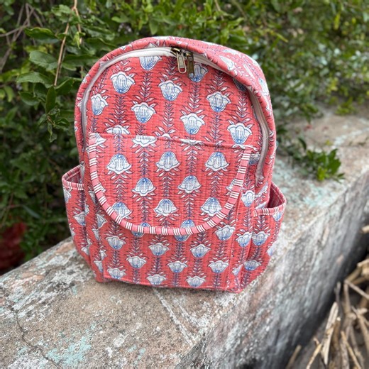 Handmade Pink Floral Quilted Backpack Block Printed Cotton Boho Travel Bag Bottle Pocket - Etsy