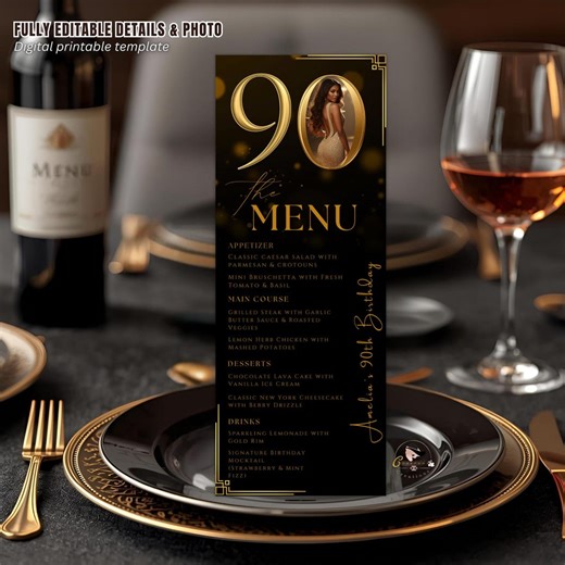90th Birthday Party Menu Card, Black Gold Elegant Dinner Menu With Photo, Editable Ninetieth Menu, Printable Men and Woman Menu Template - Etsy
