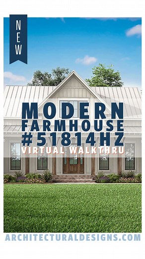 Architectural Designs on Instagram: "You asked, and we listened! 🙌 We just launched our 3D tour of Architectural Designs Modern Farmhouse Plan #51814HZ Come along and take a look around the exterior and then step inside for a tour of the layout! Visit www.architecturaldesigns.com/51814HZ to see the floor plans, more images, and client build photos of our gorgeous Modern Farmhouse plan. 📐 3,530+ Square Feet 🛌 3 - 4 Bedroom 🛀 2.5 - 3.5 Baths 🚗 2 or 3-Car Side Entry Garage 📏 73'-6" Wide x 59'
