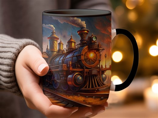 Steampunk Train Mug: Vintage Locomotive Coffee Cup, Railroad Art - Etsy