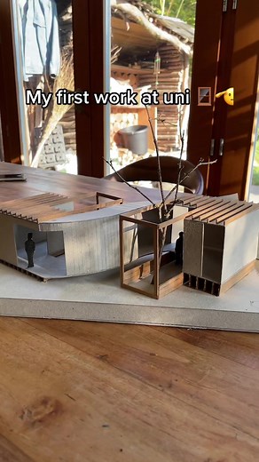 I designed a public pavilion that connects with nature. It has a wooden structure and concrete walls. It’s more or less symmetrical, yet there is a subtle slope, which makes it possible to sit on the edge of the higher part. #maquette #pavilion #university #firstwork