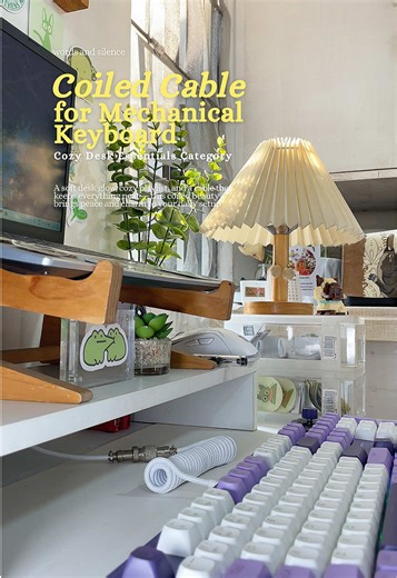 A soft desk glow, cozy playlist, and a cable that keeps everything neat — this coiled beauty brings peace and charm to your daily setup 🌿 coiled keyboard cable, aviator keyboard cable, mechanical keyboard setup, cozy desk setup, minimalist workspace, aesthetic setup ideas #cozydesksetup #keyboardaesthetic #calmworkspace #coiledcable #foryoupage