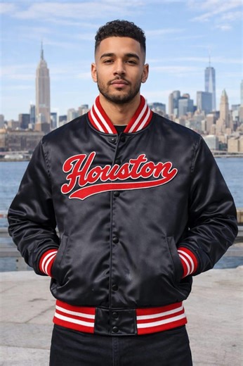 Houston City Black Satin Varsity Jacket – Handmade Letterman Style Bomber, Unisex - Etsy