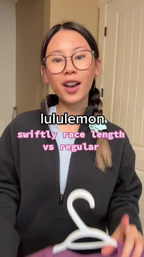 As requested here's a comparison between the race length and regular length swiftly at lululemon. I prefer the race length because it hits at a nicer spot for me without having a bunch of extra fabric. The regular length one is fine though cause I just tuck it up to be a little shorter anyways. Depends on what you are looking for! #lululemon #lululemoncreator #lululemonswiftlytech #lululemoncomparison #lululemonswiftlylongsleeve