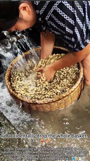 Washing peanuts in a stream – traditional way! 🌊🥜
