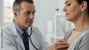Mature male doctor using a stethoscope to listen to a female patient's chest. Cardiologist performing a medical checkup and auscultation in a clinic.