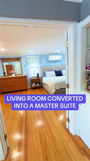What do you think of this living room that was converted into a master suite? It features an updated bathroom, in-unit laundry, and a walk-in closet. Ideal for aging parents or anyone seeking main-level living without stairs. You can achieve a similar layout by converting a two-car garage. #mastersuite #mastersuiteaddition #homeaddition #garageconversion #garageliving