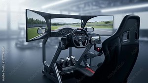 Realistic racing simulator setup with multiple screens providing immersive driving experience footage.