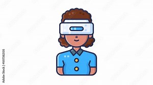 Animated avatar of female wearing a virtual reality headset, suggesting engagement with technology and immersive experiences.