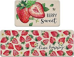 Spring Summer Strawberry Kitchen Rugs Set of 2, Berry Sweet Fruit Bee Kitchen Mats Decor, Live Happy Seasonal Floor Door Mat Home Decorations - 17x29 and 17x47 Inch