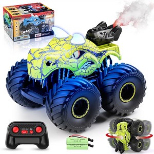 BEEPRINCESS Remote Control Car, 2.4GHz Monster Trucks for Boys Girls with Light, Sound & Spray, Dinosaur Toys Gift for Kids 3 4 5 6 7 8, All Terrain RC Cars for Toddlers with 2 Batteries, Green