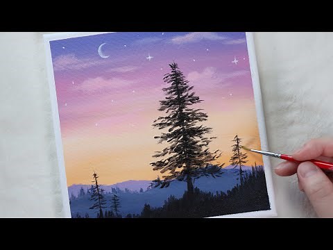 Peaceful purple sky and a tree/Easy acrylic painting for beginners/Simple PaintingTutorial/ASMR