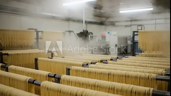 Pasta production process: Spaghetti drying on racks in a factory environment