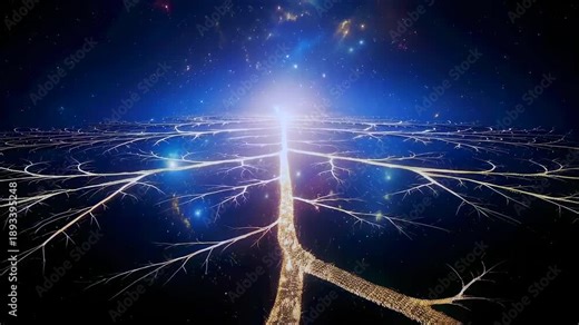 Golden neural branches reaching toward cosmos, glowing central trunk splits into lightninglike filaments across starry plane, electric synapse pathways map like city roots under galactic