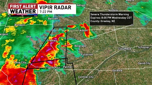 7/23/25 7:22 PM Severe thunderstorm warning for Greeley, EC Sherman and N Howard counties until 8 PM. 60 mph wind gusts and 1" size hail possible with storms moving east at 15 mph. | NTV Weather Team