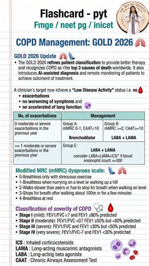 🌸Dr.Akanksha jain🌸 on Instagram: "🫁🔥 COPD = CONCEPT + CLINICAL + CONFIDENCE FMGE / NEET PG / INICET 2026 aspirants — THIS is NOT just Medicine… this is SURE-SHOT MARKS 😎💯 If you’re still memorising COPD like a boring list ❌ You’re doing it WRONG 😏 💡 EXAM GOLDMINES YOU MUST KNOW (BEYOND THE SLIDE): 👉 COPD questions LOVE: ▫️ Symptom-based classification (not just spirometry!) ▫️ Exacerbation history = treatment changer Ὢ