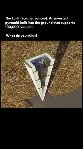 @howeverythingwork.s on Instagram: "The Earth Scraper is a radical architectural idea: an inverted pyramid built deep into the ground instead of rising into the sky. Designed to house up to 100,000 residents, the structure expands downward, with the widest levels at the bottom and a large open skylight at the top to bring in natural light and air. Going underground offers natural insulation, protection from extreme weather, and efficient use of limited surface space. Housing, offices, transport,