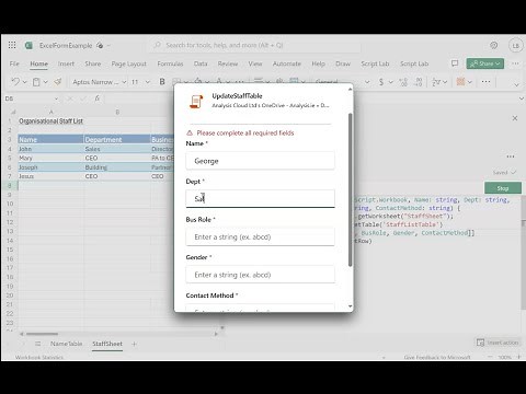 Build Forms in Excel Online using Excel Office Scripts Parameters
