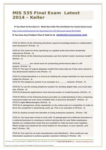 Mis 535 Final Exam TEST BANK For Keller Based On Laudon Laudons Management InformATIon Systems