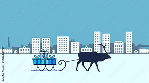 Christmas animation with winter cityscape and reindeer delivering gifts to children (animation, seamless loop)