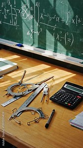 Study table with math tools, equations, calculator, and a blackboard covered in complex mathematical formulas and notes