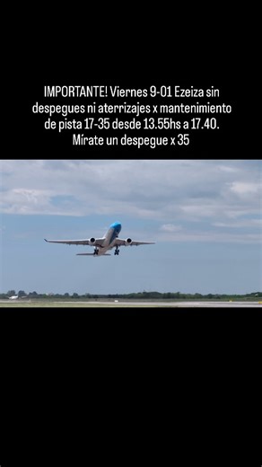 aviacionenargentina on Instagram: "Mañana, viernes 9 de enero, se harán tareas programadas de mantenimiento en la pista, por lo que el aeropuerto interrumpirá las operaciones de aterrizaje y despegue entre las 13:55 y las 17:40 horas -franja horaria con bajo movimiento – para minimizar el impacto en los vuelos. El aeropuerto Internacional de Ezeiza realizará mañana tareas de mantenimiento programado en su pista principal (17-35), por lo cual se interrumpirán los vuelos entre las 13:55 y las 17:4