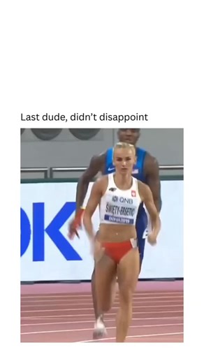 Vision Matrix on Instagram: "The video captures Polish sprinter Justyna Swięty-Ersetic during a fierce competition at the 2019 World Athletics Championships in Doha, Qatar. Swięty-Ersetic, a formidable athlete known for her strong relay legs, was competing in either the women's 400m semi-finals or one of the relay events. The event in the photo is widely circulated online in various meme formats, with captions like "Last dude, didn't disappoint" often used humorously to describe a seemingly clos