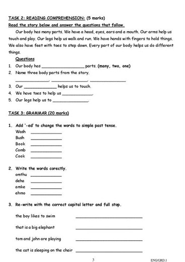 Grade 1 English Language Activities End Term 3 2025 Exam with Marking Scheme