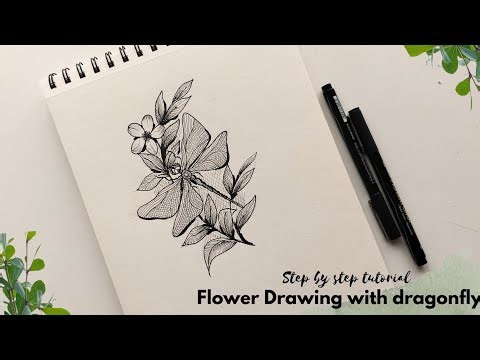 How to draw flowers and leaves. Easy step by step flower drawing tutorial with a dragonfly.