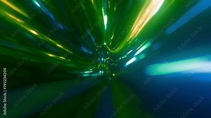 The video showcases a loop of vortex light streaks creating a wormhole effect, simulating the sensation of traveling at light speed with dynamic and swirling visuals that convey depth and motion. Stock Video