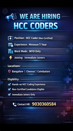 MedPro Coders | MEDICAL CODING TIPS on Instagram: "WE ARE HIRING HCC CODERS Position: HCC Coder (Non-Certified) Experience: Minimum 1 Year Work Mode: WFO Only Joining: Immediate Joiners Locations: Bangalore | Chennai | Coimbatore Eligibility: Hands-on HCC Coding Experience Non-Certified Candidates Eligible Immediate Joiners Only Contact HR: 9030360584 #intadaily😍😍😍😍✌️️ #intaviral♥️ #medicalcodingnotes #medicalcodingjobs #medicalbillingandcodingschool #intareelsindia❤️ #medical #medicalcoding