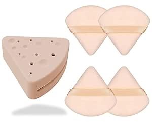 Makeup Powder Puffs with Case - 4 Triangle Powder Puffs with Silicone Holder - Super Soft Makeup Puffs for Concealer/Powder/Foundation - Makeup Sponge Set - Travel Puff Holder (Beige, 4+1)