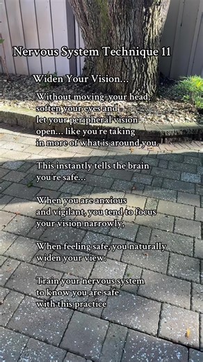 Nervous system regulation technique 11: widen your view without moving your head. Soften your eyes and lean into your peripheral vision to teach your nervous system that you are safe in this moment. #nervoussysystemhealing #nervoussystemregulation #nervoussystemhealing