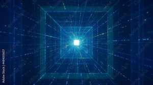 Flying into blue digital technologic metaverse blue points tunnel. 3d render Big Data artificial intelligence cyberspace with futuristic matrix. Binary code lines hologram network. Server and interne