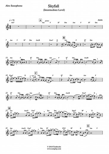 James Bond 007 - Skyfall (Intermediate Level, Alto Sax) (Adele) - Saxophone Sheet Music