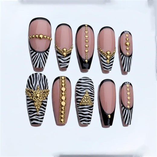 Zebra Stripe Press on Nails, Animal Print Gold Stud Bead Design, Long Almond Luxury Nails, Handmade Gift for Her - Etsy