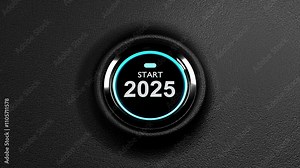 Finger about to press a car ignition button with the text 2025 start.happy new year 2025 start new project.concept of start with strategy,win,plan,goal and objective target