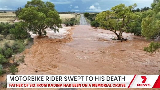 South Australia’s flood emergency has turned fatal with the death of a motorcyclist in the state's mid-north. He had been trying to cross a flooded creek. | 7NEWS Adelaide