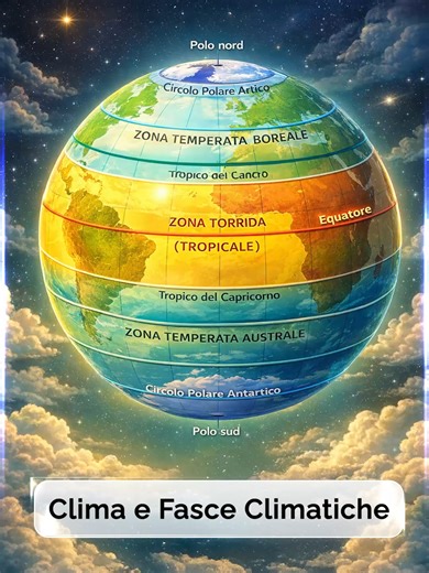 Clima e Fasce Climatiche ✨❤️ Comprendere il clima e le fasce climatiche è fondamentale per capire come funziona il nostro pianeta e come l'ambiente influenza la nostra vita quotidiana. Ma qual è la differenza tra tempo e clima? Mentre il tempo meteorologico cambia di ora in ora, il clima rappresenta l’insieme delle condizioni atmosferiche (temperatura, umidità, precipitazioni) osservate in una regione per un lungo periodo, solitamente almeno 30 anni. La Terra è suddivisa in diverse zone determin