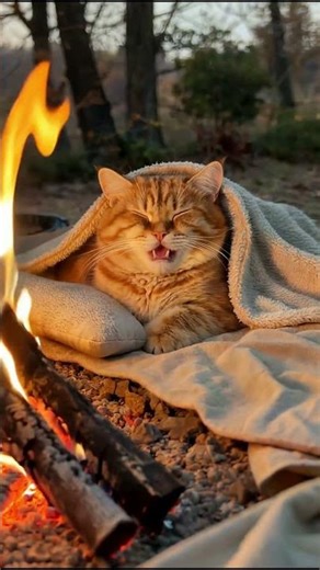 Cute Cat and the Soft Fire Crackles #burningfireplace #campfire #firenoise #relax #campfiremagic