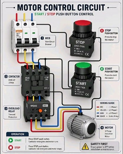 Title:3 Phase Motor Start Stop Push Button Control Wiring Diagram | Contactor & Overload Relay