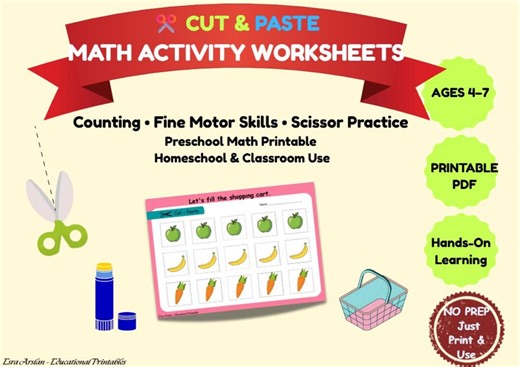 Cut and Paste Math Worksheets, Preschool Counting Activity (printable PDF) - Etsy