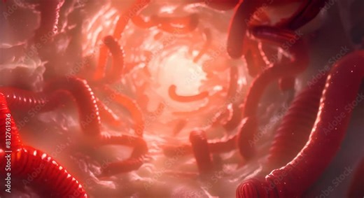 This captivating image offers a meticulously detailed 3D CGI visualization of E coli bacteria swimming through the intricate organic textures of the human gastrointestinal system Influenced by